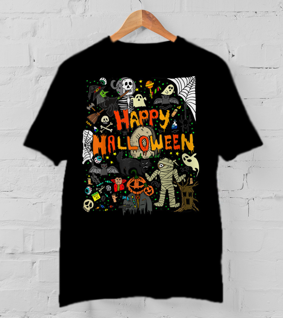 Happy Halloween Scary Mummy Ghost Witch Pumpkin Bat Skull Spiderweb T-Shirt