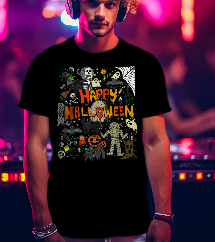 Happy Halloween Scary Mummy Ghost Witch Pumpkin Bat Skull Spiderweb T-Shirt