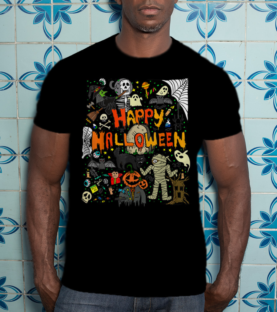 Happy Halloween Scary Mummy Ghost Witch Pumpkin Bat Skull Spiderweb T-Shirt
