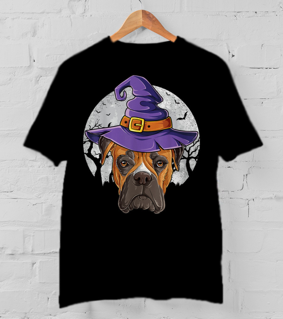 Boxer Dog In Purple Witch Hat With Moon And Bats Halloween T-Shirt