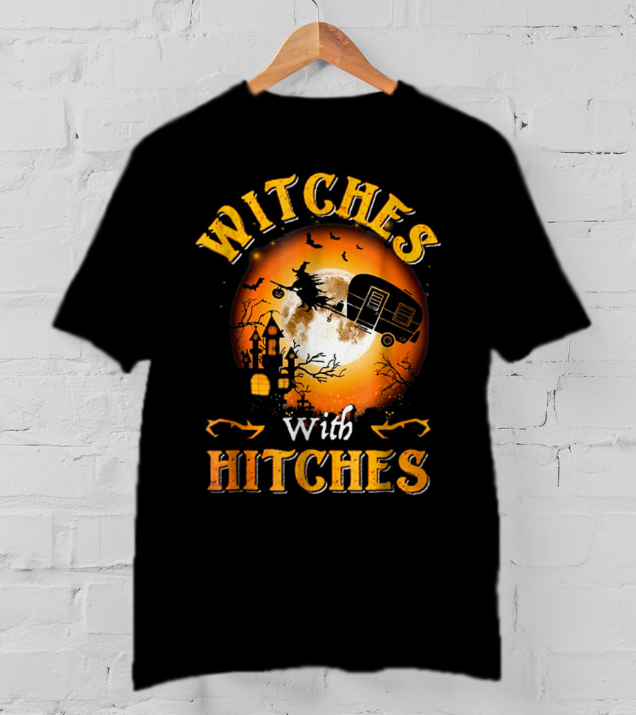 Witches With Hitches Flying Broomstick Full Moon Haunted House T-Shirt