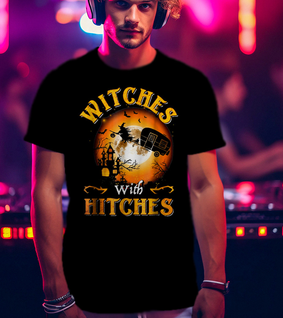 Witches With Hitches Flying Broomstick Full Moon Haunted House T-Shirt