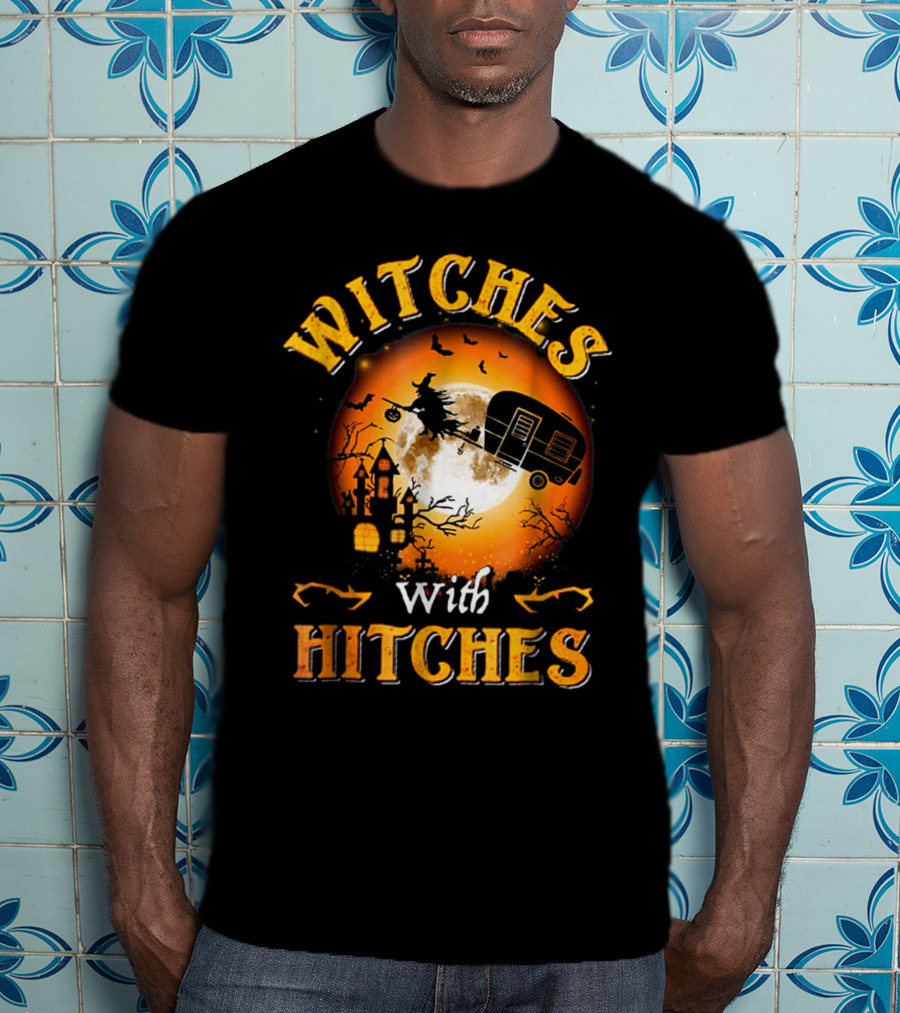 Witches With Hitches Flying Broomstick Full Moon Haunted House T-Shirt