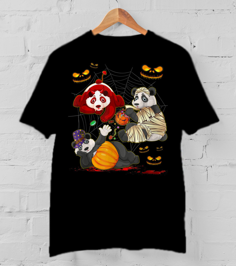 Halloween Panda Trio Mummy Clown Pumpkin Costume With Spider Web And Jack-o'-Lanterns T-Shirt