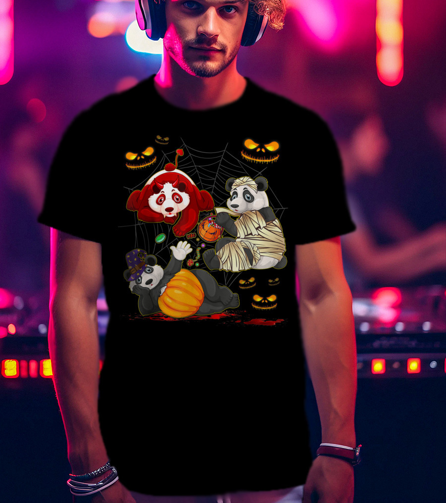 Halloween Panda Trio Mummy Clown Pumpkin Costume With Spider Web And Jack-o'-Lanterns T-Shirt