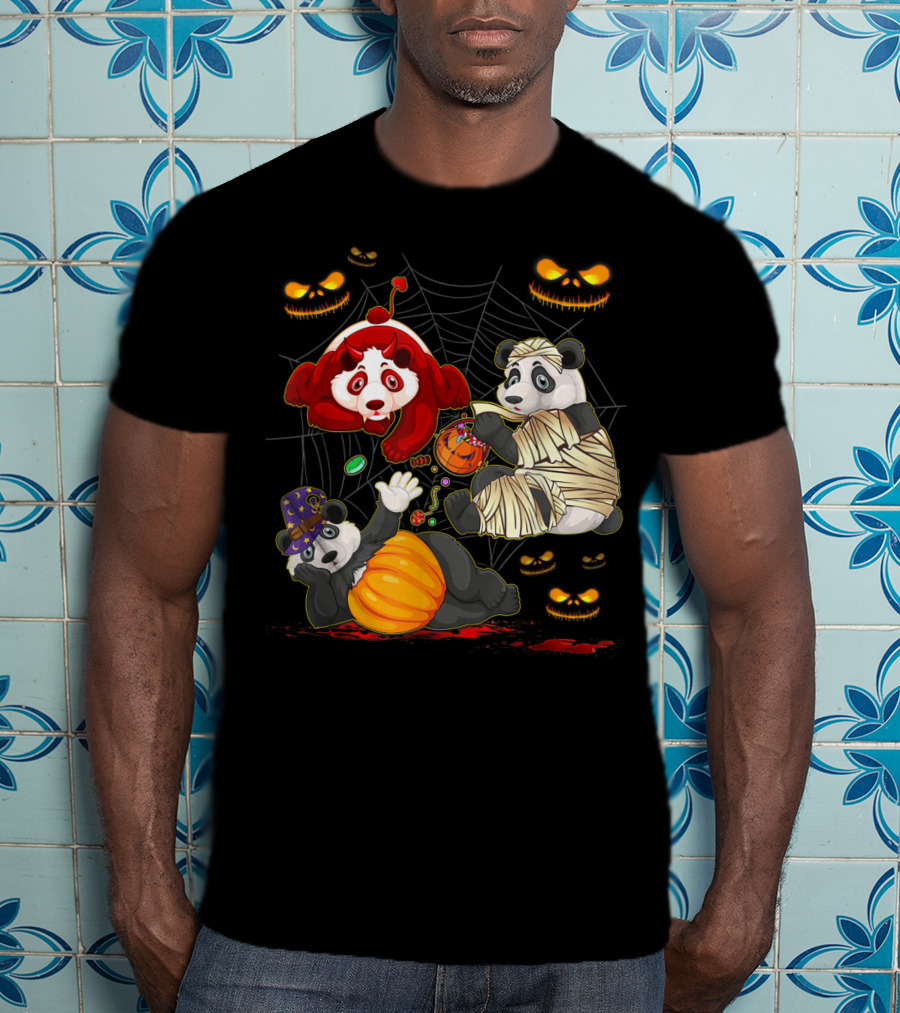 Halloween Panda Trio Mummy Clown Pumpkin Costume With Spider Web And Jack-o'-Lanterns T-Shirt