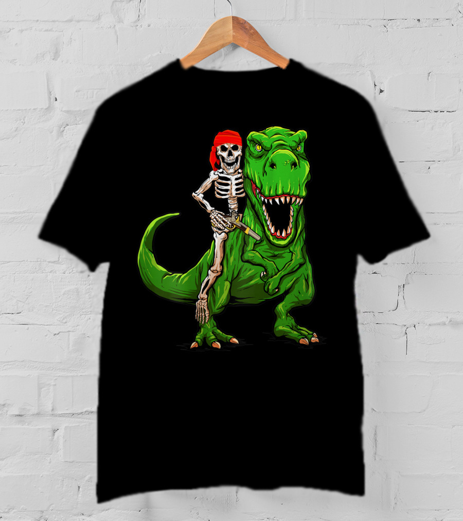Pirate Skeleton Riding Rex Dinosaur With Red Bandana T-Shirt