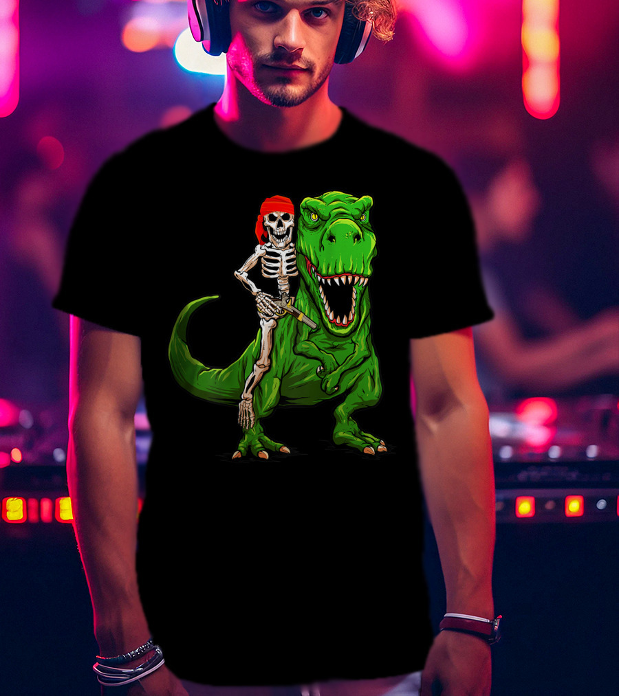 Pirate Skeleton Riding Rex Dinosaur With Red Bandana T-Shirt