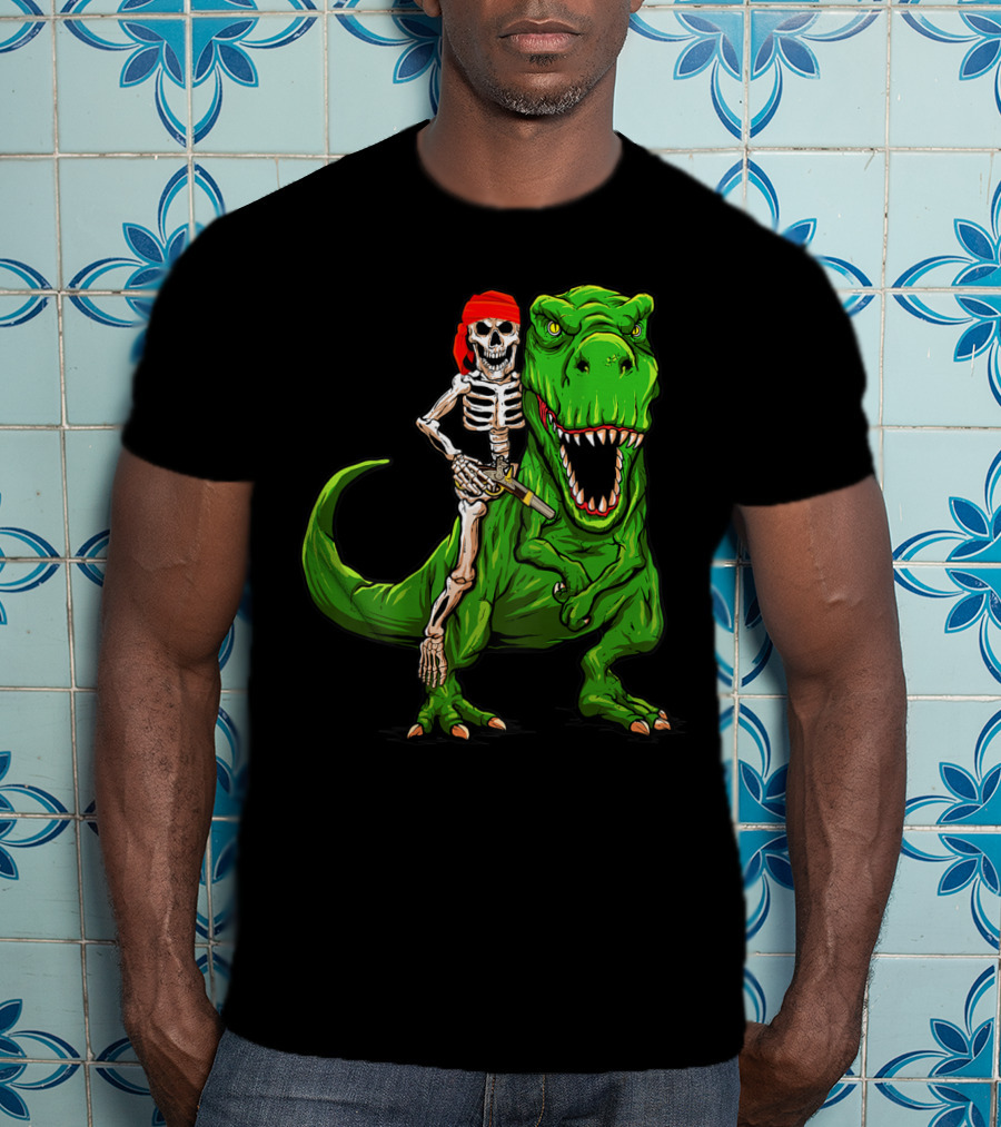 Pirate Skeleton Riding Rex Dinosaur With Red Bandana T-Shirt
