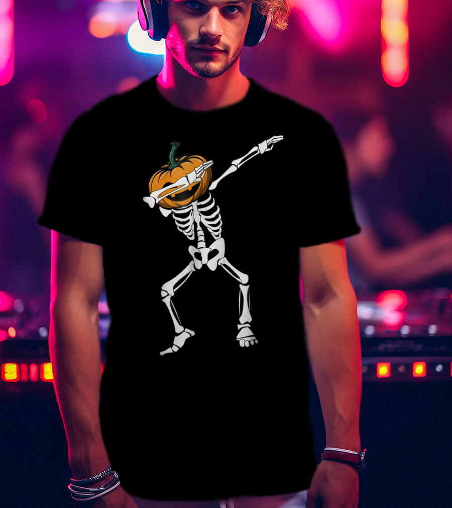 Funny Dabbing Pumpkin Head Skeleton Halloween T-Shirt