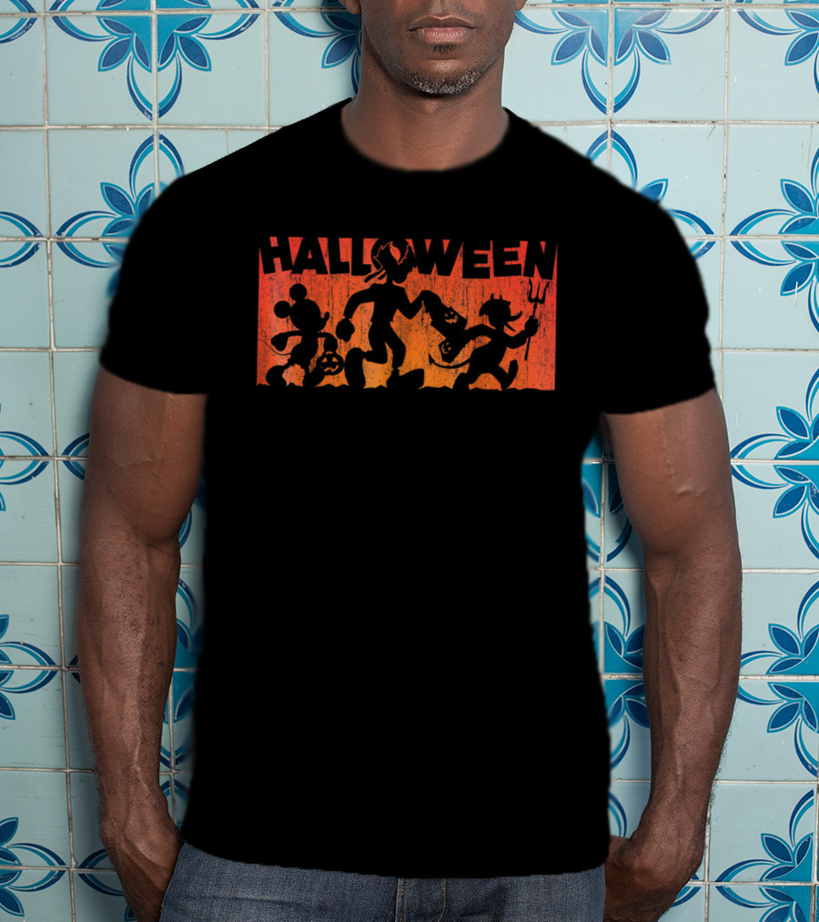 Mickey Mouse Silhouette Halloween Walk With Friends In Costume Parade T-Shirt