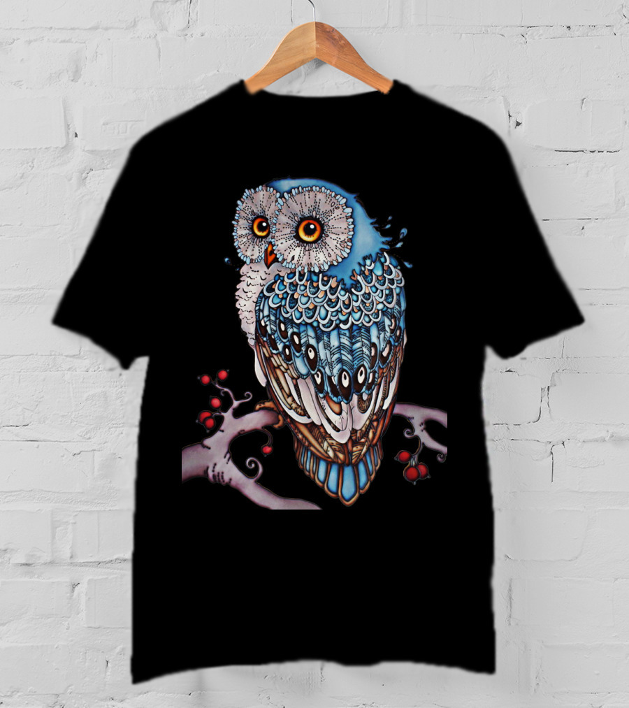 Luminous Blue Owl On Branch With Red Berries - Owl For You T-Shirt