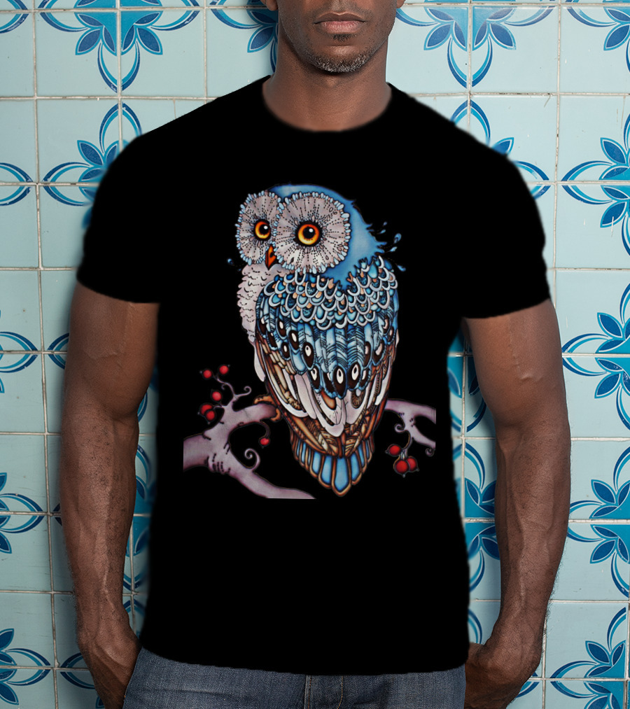 Luminous Blue Owl On Branch With Red Berries - Owl For You T-Shirt