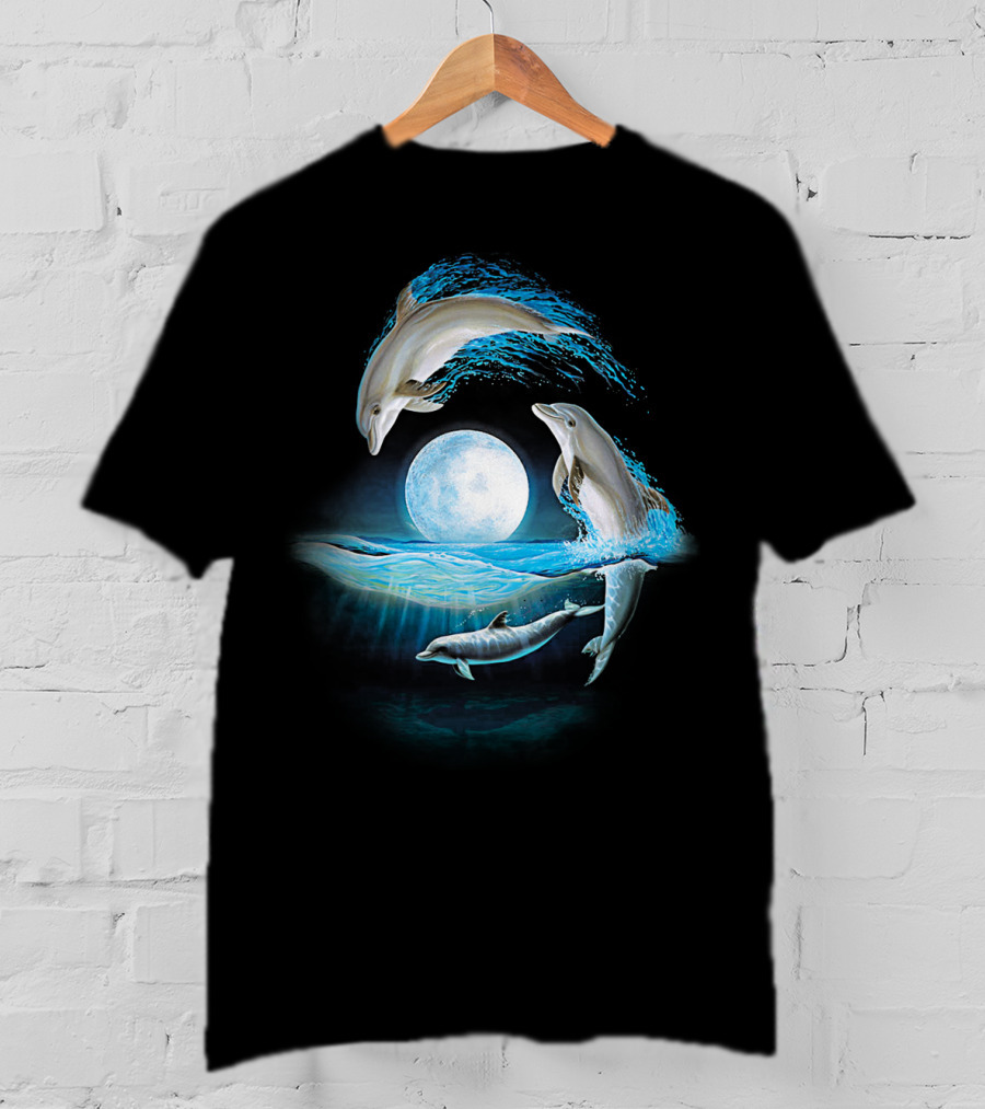 Full Moon Dolphin Leap Ocean Waves T-Shirt