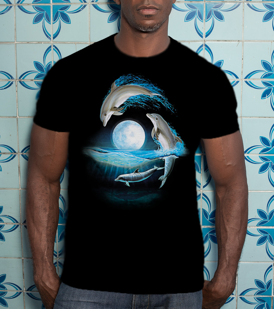 Full Moon Dolphin Leap Ocean Waves T-Shirt