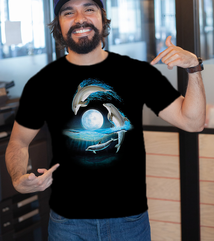 Full Moon Dolphin Leap Ocean Waves T-Shirt