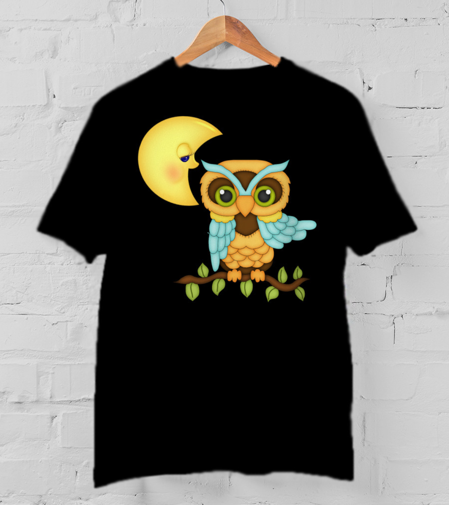 Owl Sitting On Branch With Smiling Crescent Moon T-Shirt
