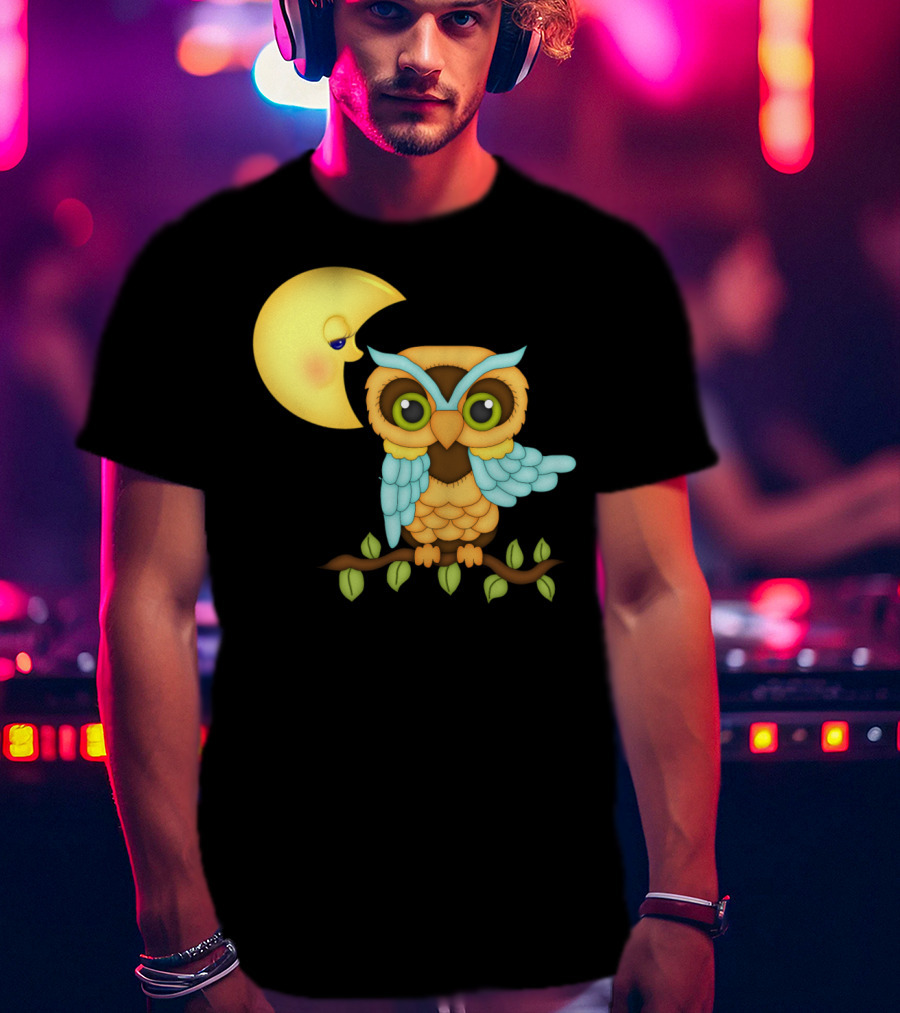 Owl Sitting On Branch With Smiling Crescent Moon T-Shirt
