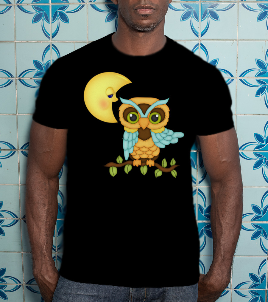 Owl Sitting On Branch With Smiling Crescent Moon T-Shirt