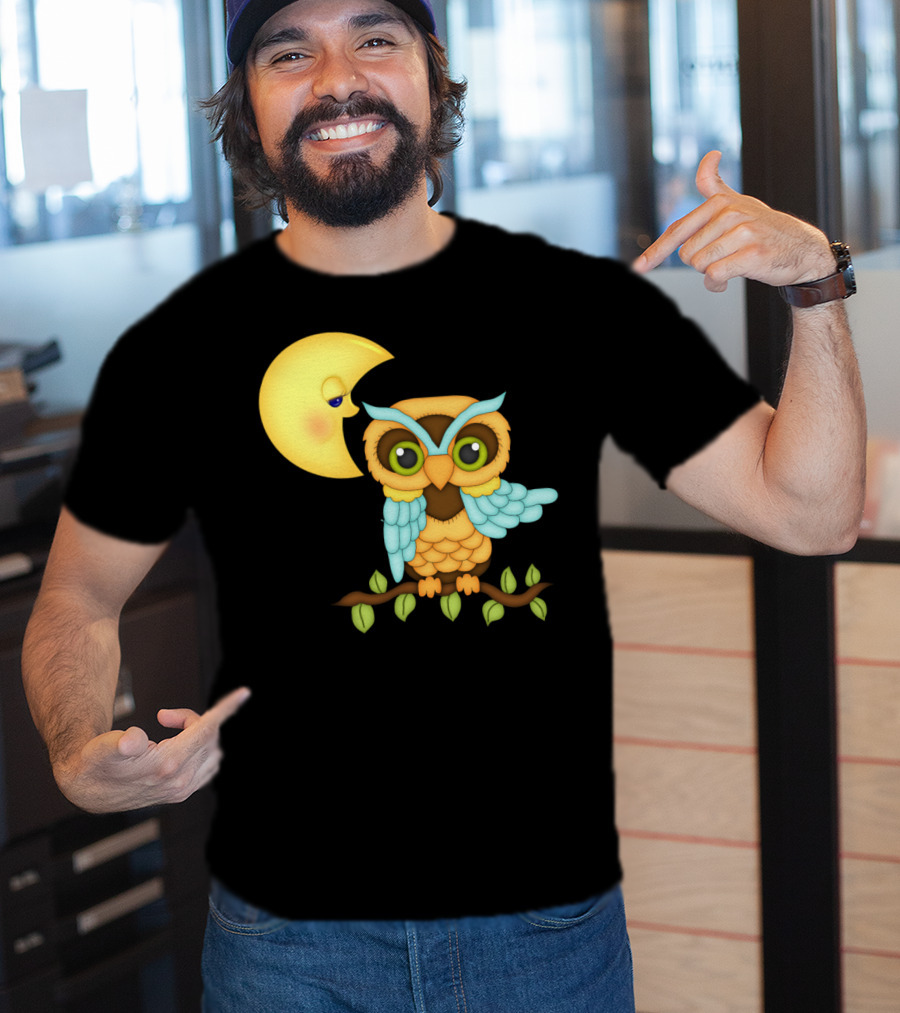 Owl Sitting On Branch With Smiling Crescent Moon T-Shirt