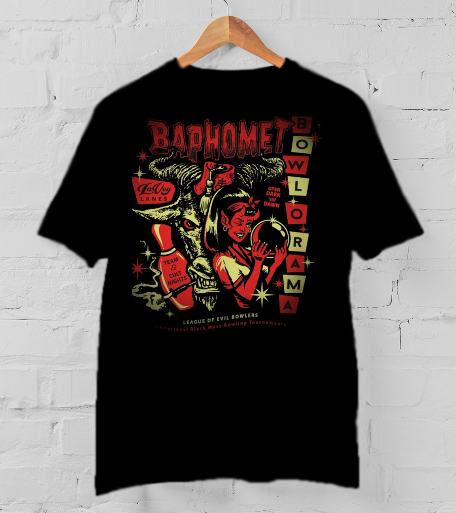Baphomet Bowlorama LaVey Lanes Team Cult Nights Evil Bowlers All-Night Black Mass Tournament T-Shirt