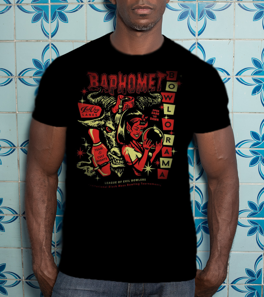 Baphomet Bowlorama LaVey Lanes Team Cult Nights Evil Bowlers All-Night Black Mass Tournament T-Shirt
