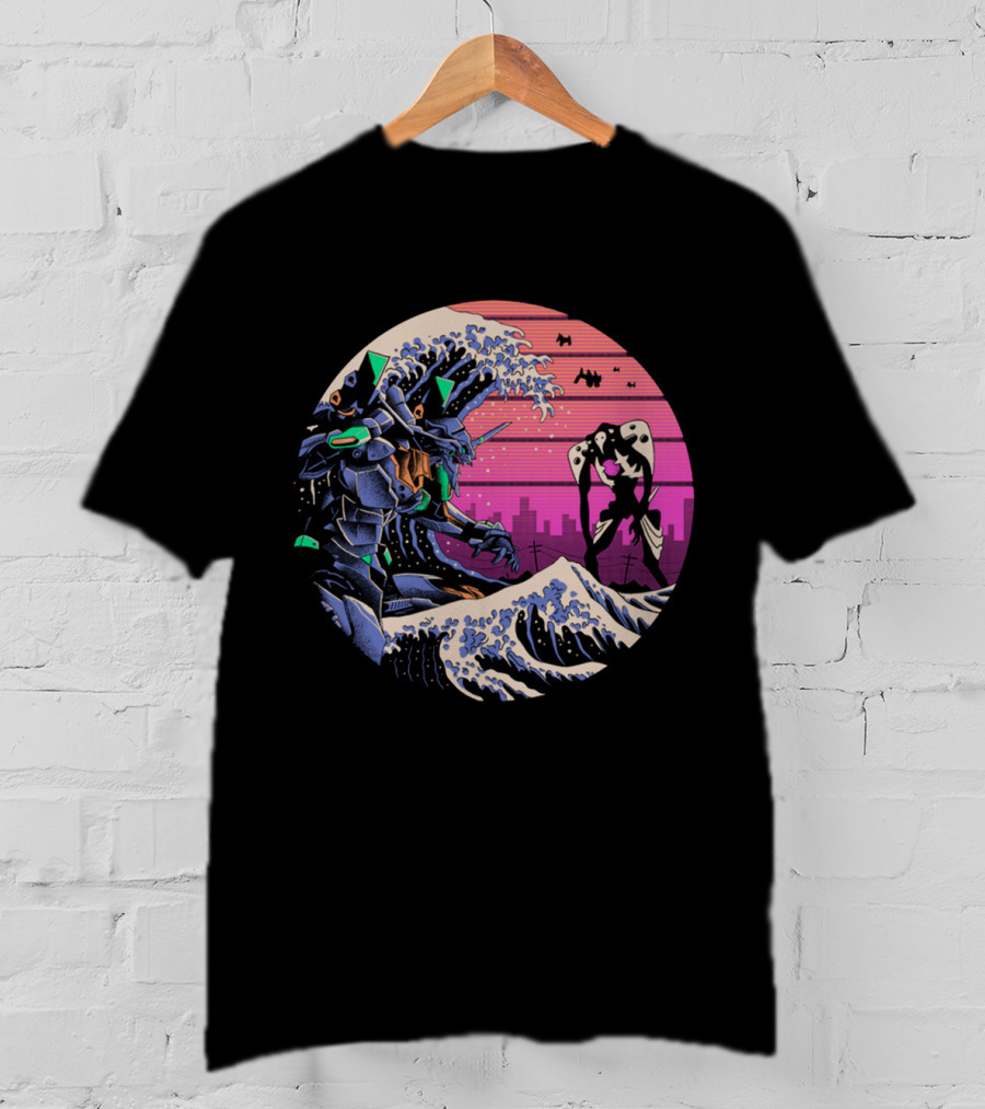Neon Genesis Evangelion Retro Wave Style Giant Mecha Ocean Scene T-Shirt