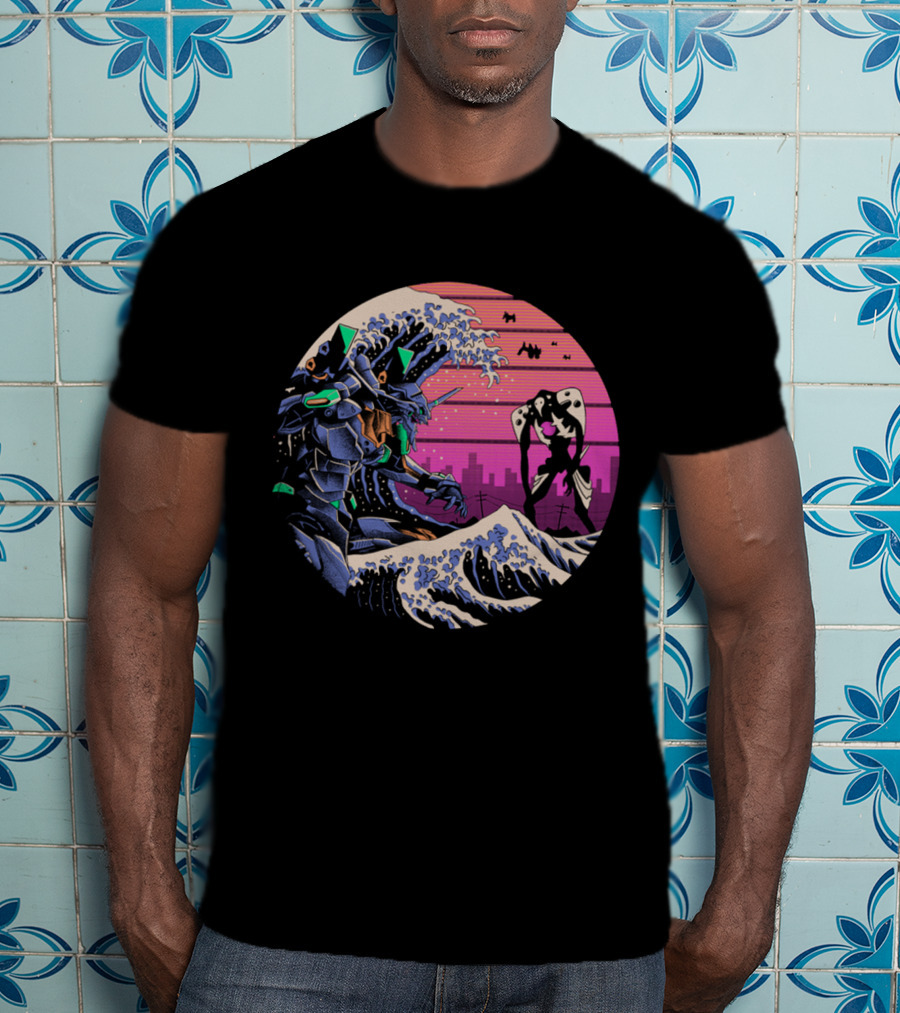 Neon Genesis Evangelion Retro Wave Style Giant Mecha Ocean Scene T-Shirt