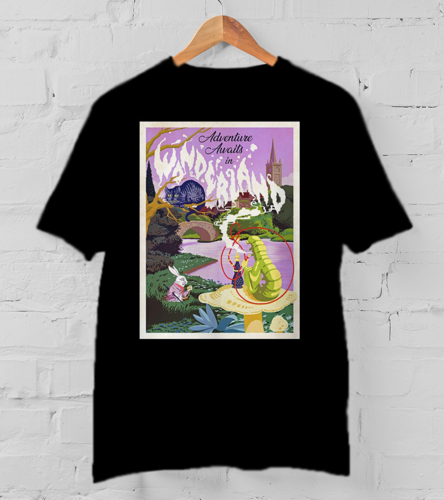 Adventure Awaits In Wonderland Cheshire Cat And Caterpillar Scene T-Shirt