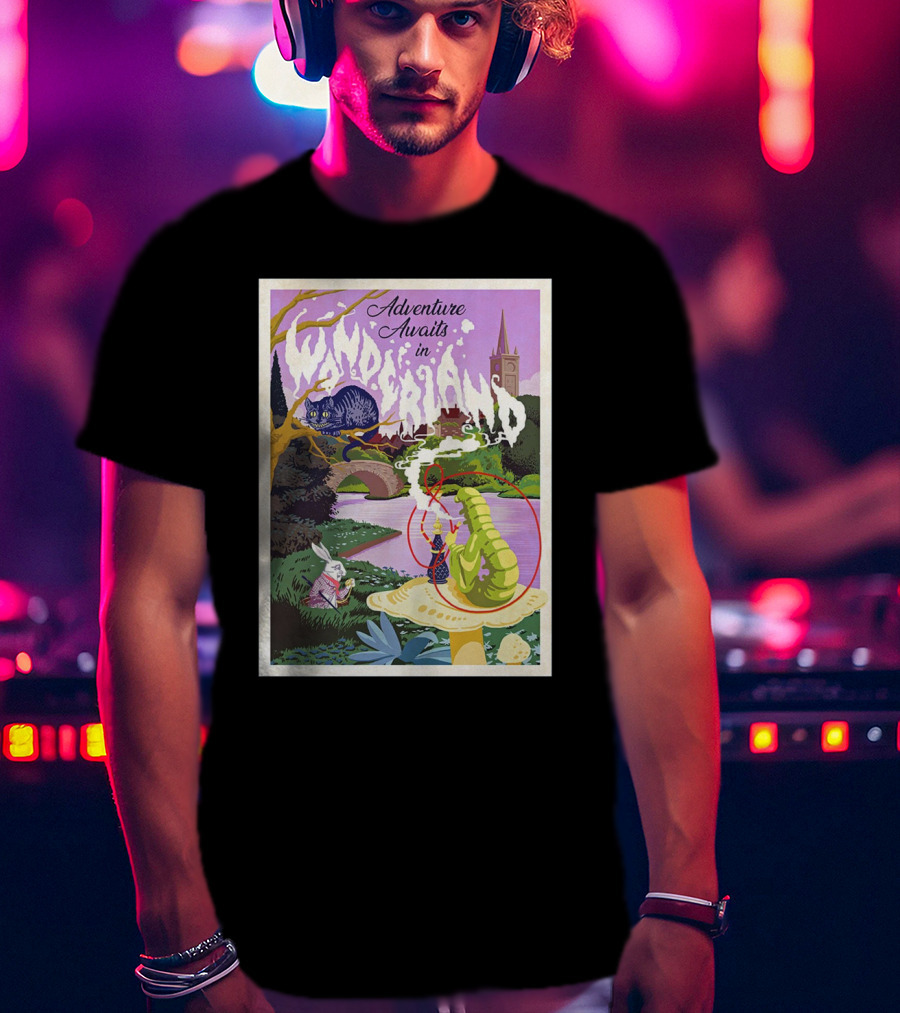 Adventure Awaits In Wonderland Cheshire Cat And Caterpillar Scene T-Shirt