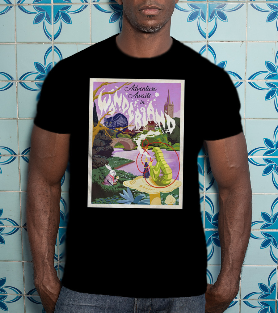 Adventure Awaits In Wonderland Cheshire Cat And Caterpillar Scene T-Shirt