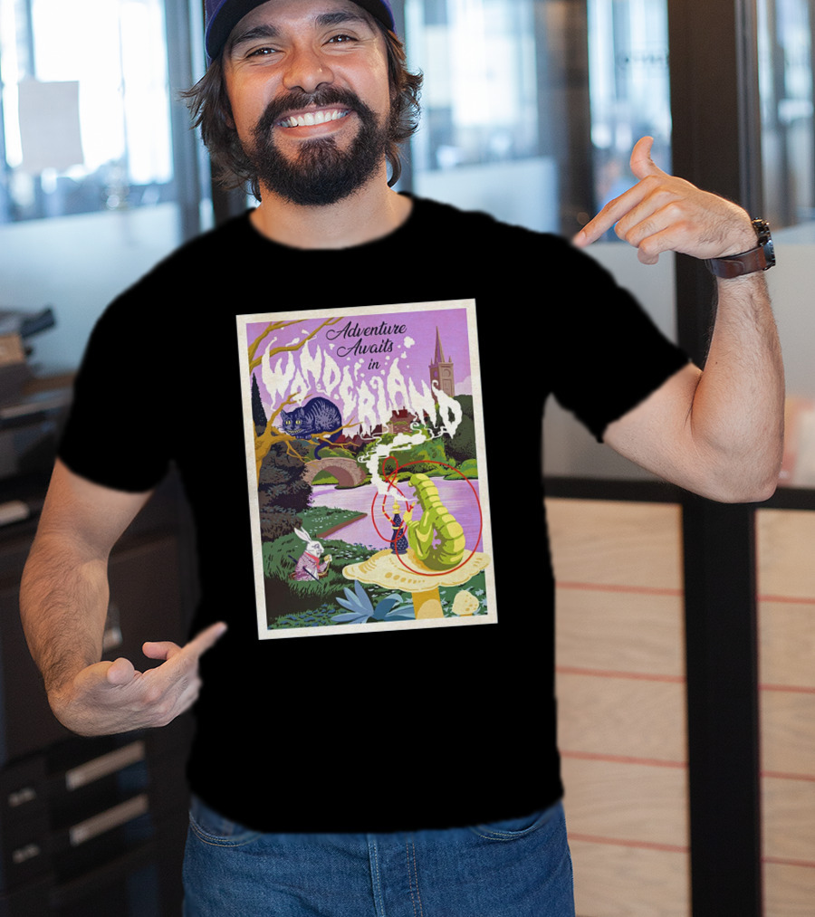 Adventure Awaits In Wonderland Cheshire Cat And Caterpillar Scene T-Shirt