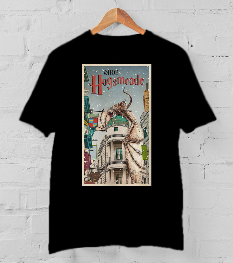 Hogsmeade Shopping Adventure With Snowy Streets And Dragon-Guarded Shops T-Shirt