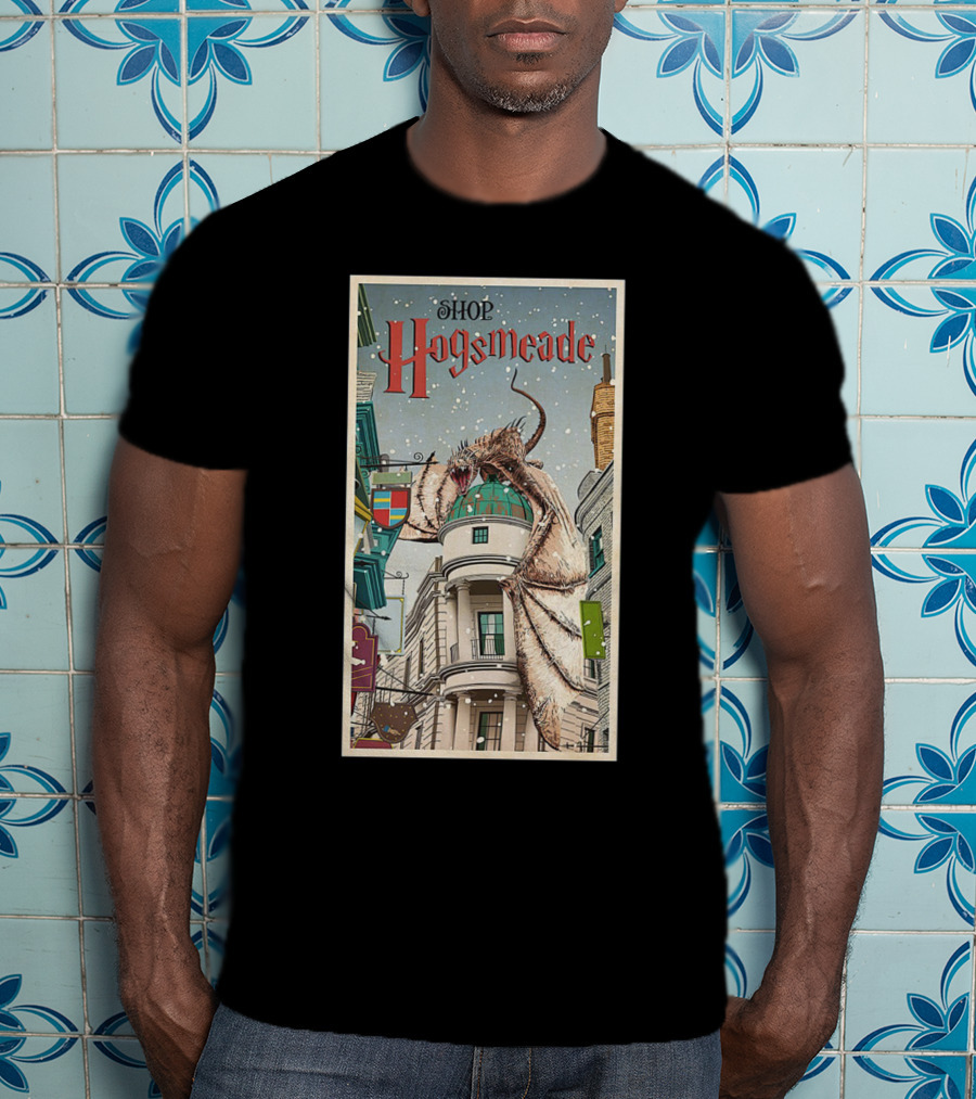 Hogsmeade Shopping Adventure With Snowy Streets And Dragon-Guarded Shops T-Shirt