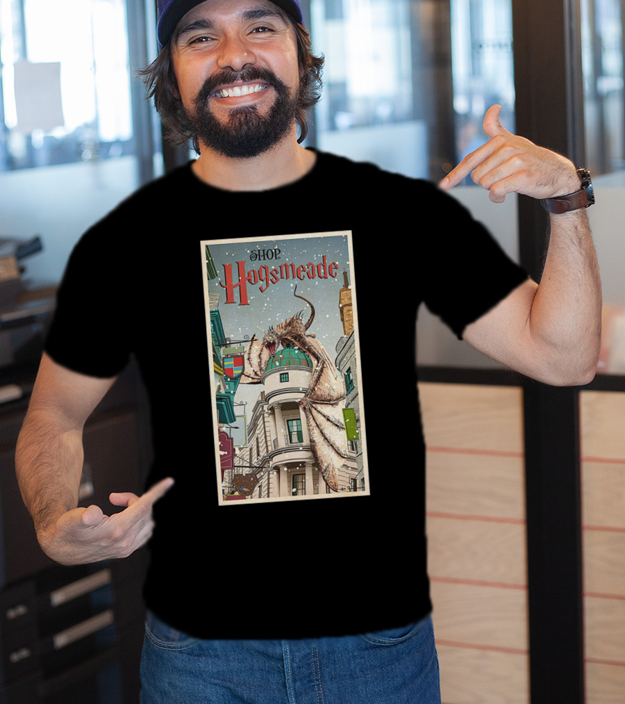 Hogsmeade Shopping Adventure With Snowy Streets And Dragon-Guarded Shops T-Shirt