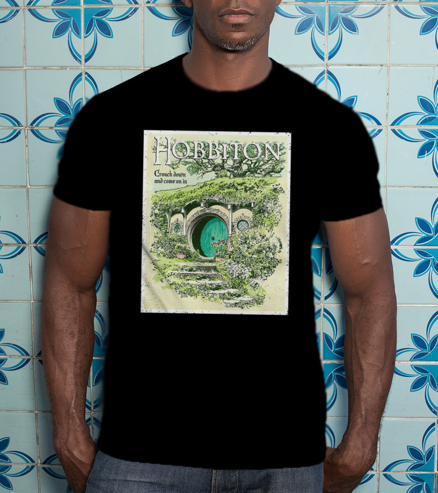 Hobbiton Crouch Down And Come On In With Illustrated Green Door And Garden Path T-Shirt