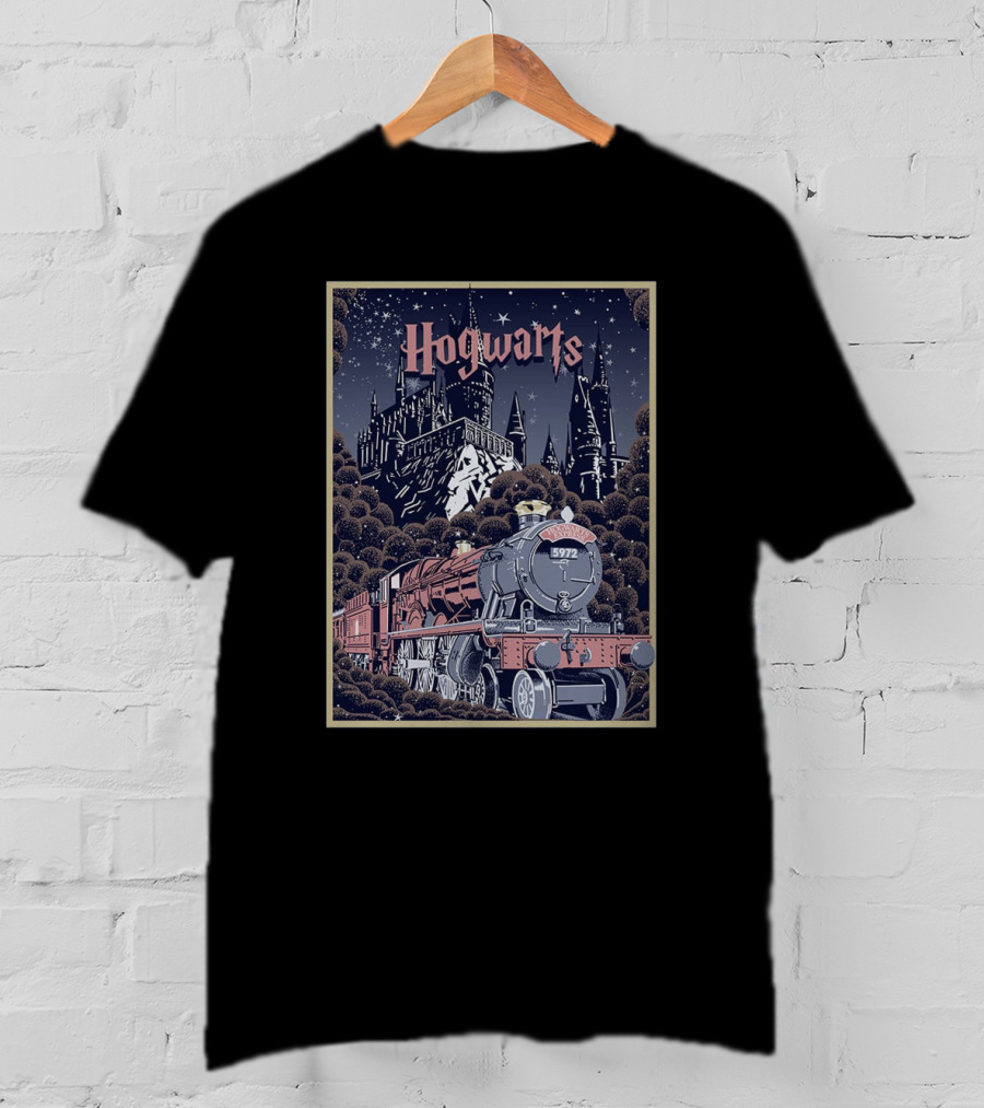 Hogwarts Castle And Express Train Journey In Magical Night Scene T-Shirt
