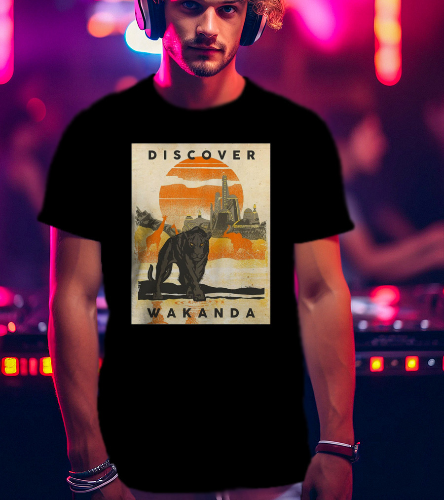 Discover Wakanda Panther And Futuristic Cityscape With Sunset T-Shirt