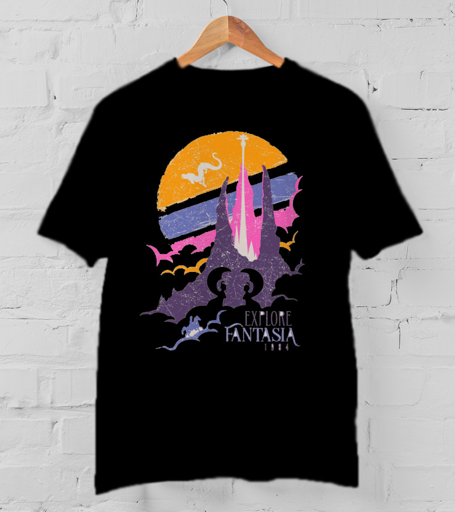 Explore Fantasia 1984 Vintage Adventure Sunset Magic Realms T-Shirt