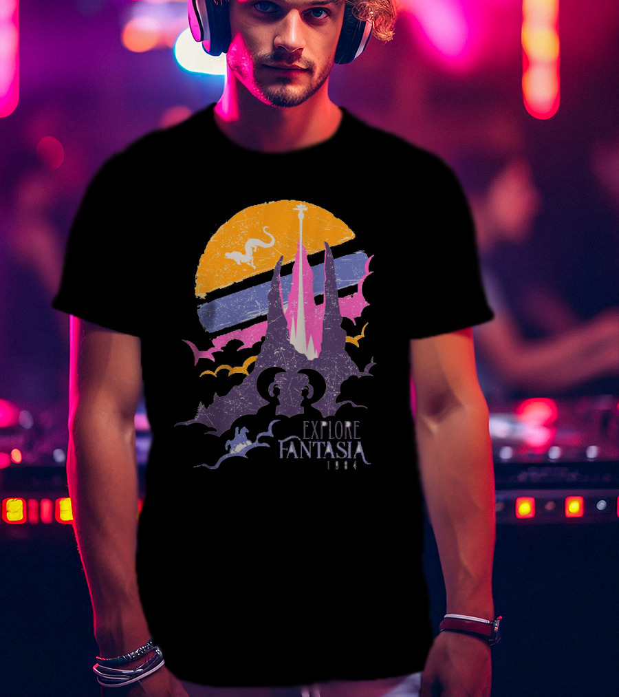 Explore Fantasia 1984 Vintage Adventure Sunset Magic Realms T-Shirt