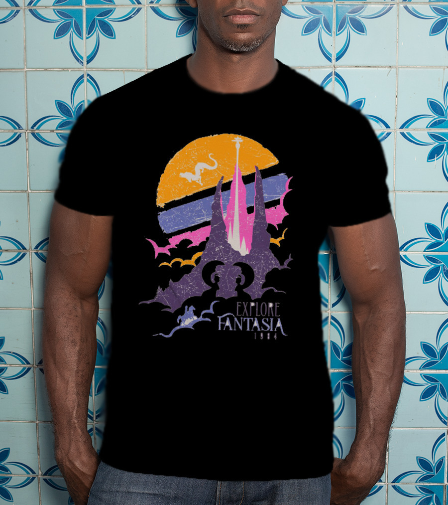 Explore Fantasia 1984 Vintage Adventure Sunset Magic Realms T-Shirt