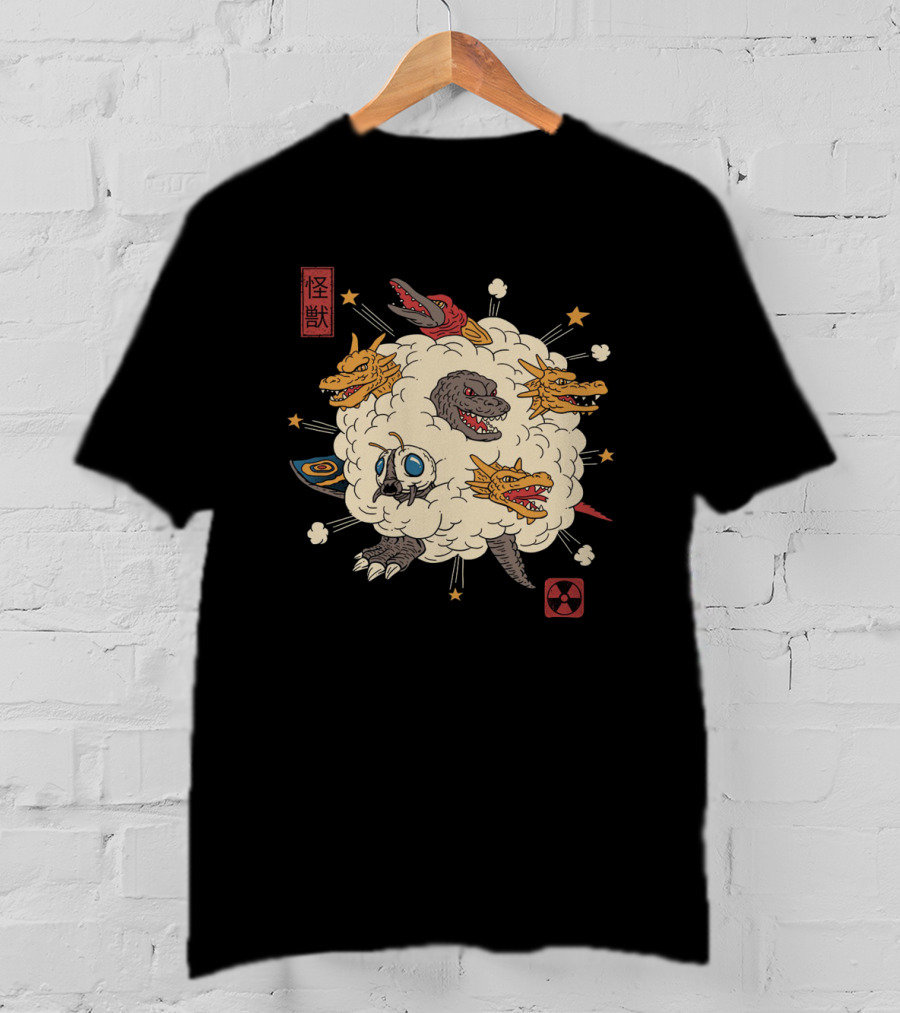 Kaiju Rumble Monster Battle Scene With Nuclear Symbol And Japanese Characters T-Shirt