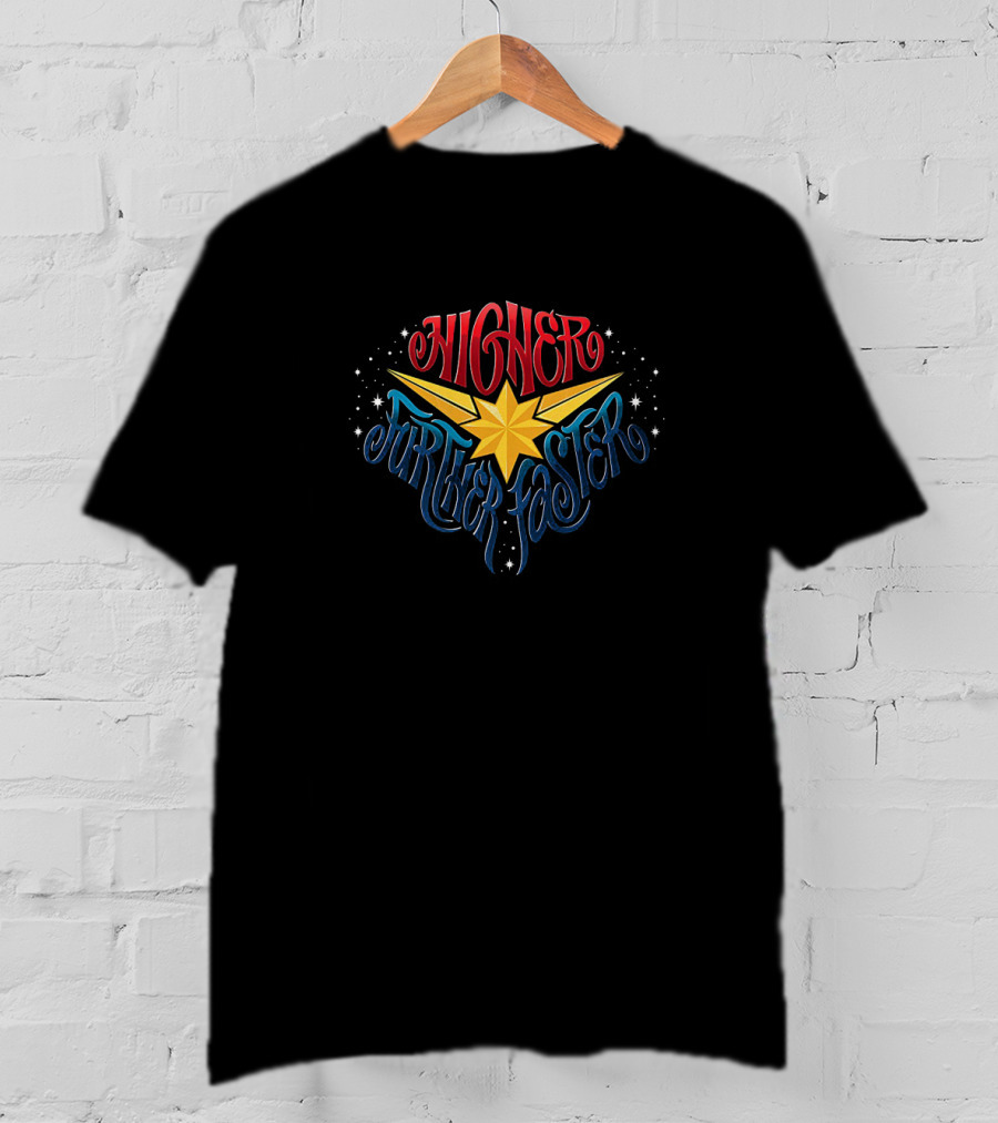 Marvel Captain Marvel Higher Further Faster Star Iconic Slogan With Cosmic T-Shirt