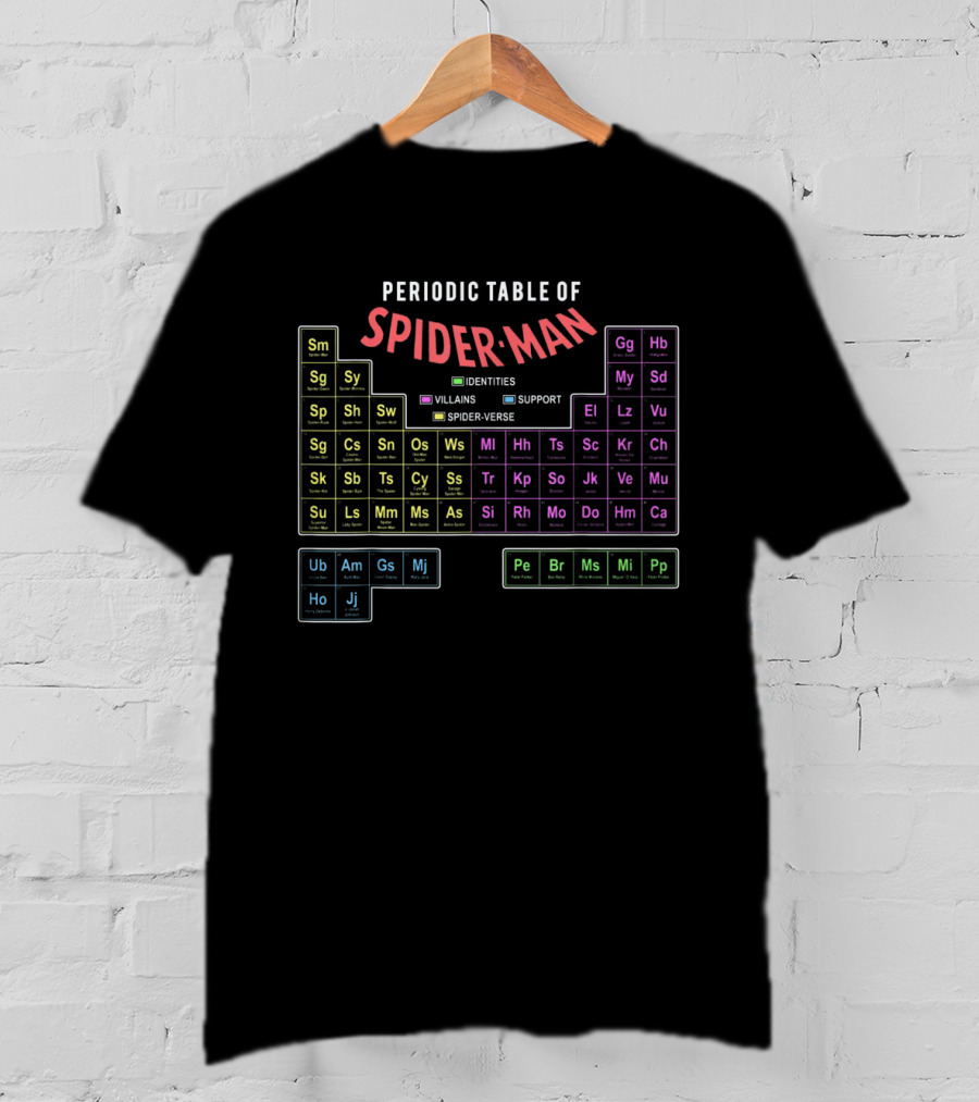 Periodic Table Of Spider-Man Identities Villains Support Spider-Verse T-Shirt