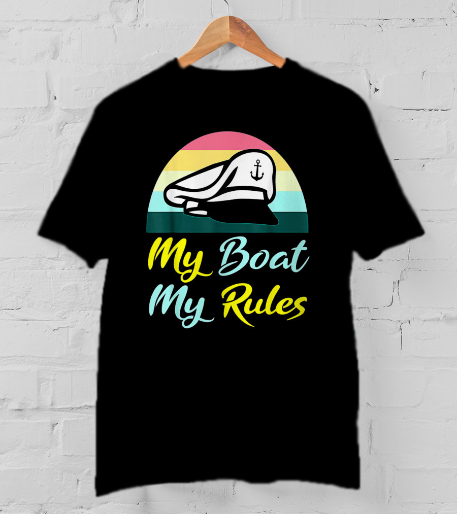 My Boat My Rules Sailor Captain Hat With Anchor Icon Retro Colors T-Shirt