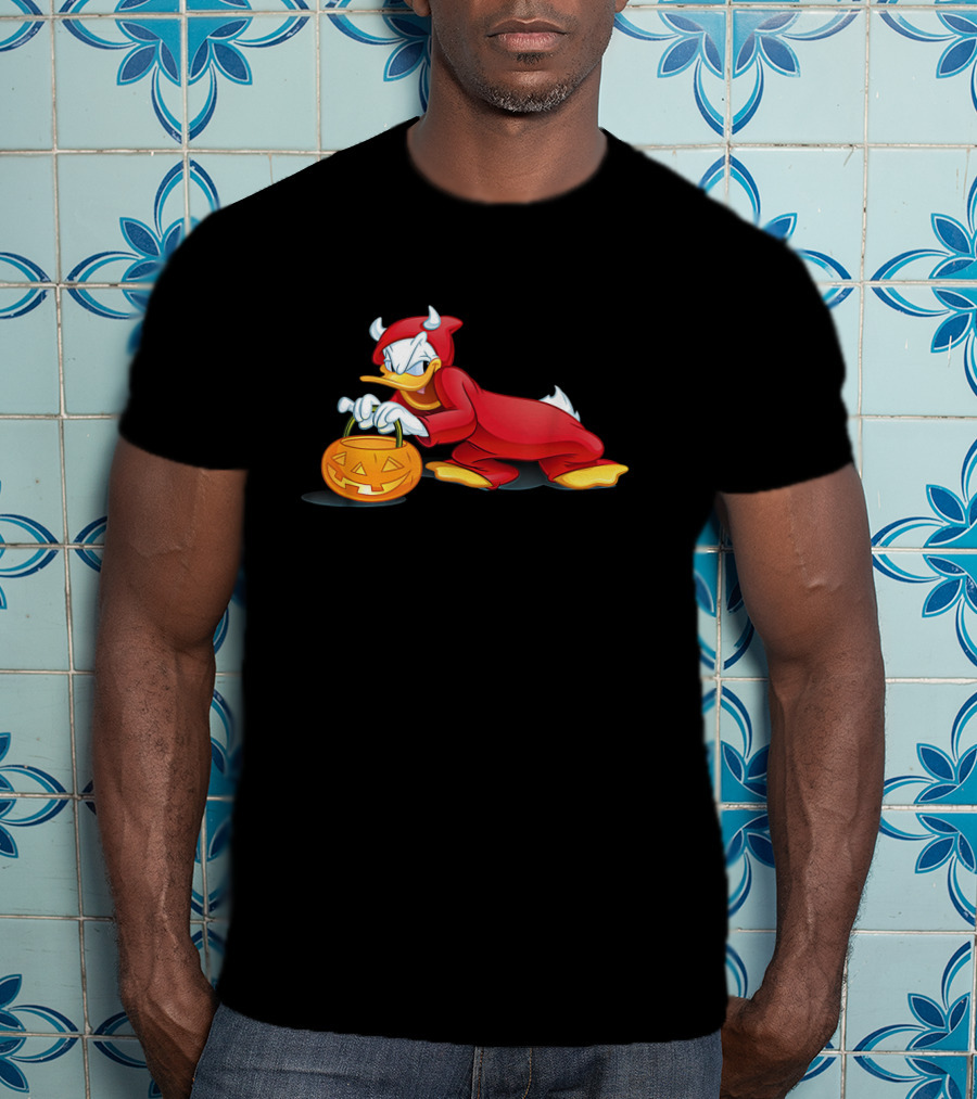 Donald Duck Devil Halloween Costume With Pumpkin Basket T-Shirt
