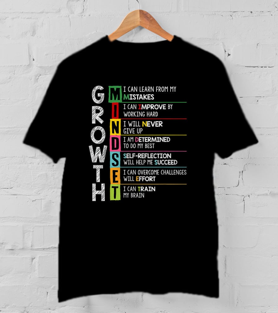 Growth Mindset Mistakes Improve Hard Work Never Give Up Determined Self Reflection Succeed Overcome Challenges Train Brain T-Shirt