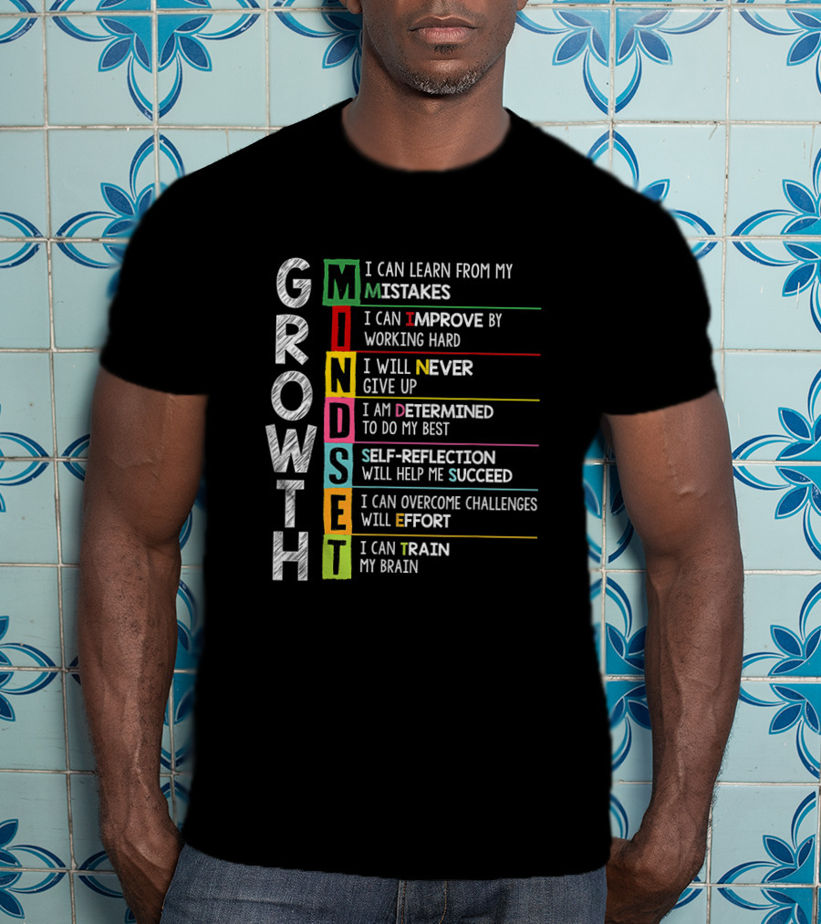 Growth Mindset Mistakes Improve Hard Work Never Give Up Determined Self Reflection Succeed Overcome Challenges Train Brain T-Shirt