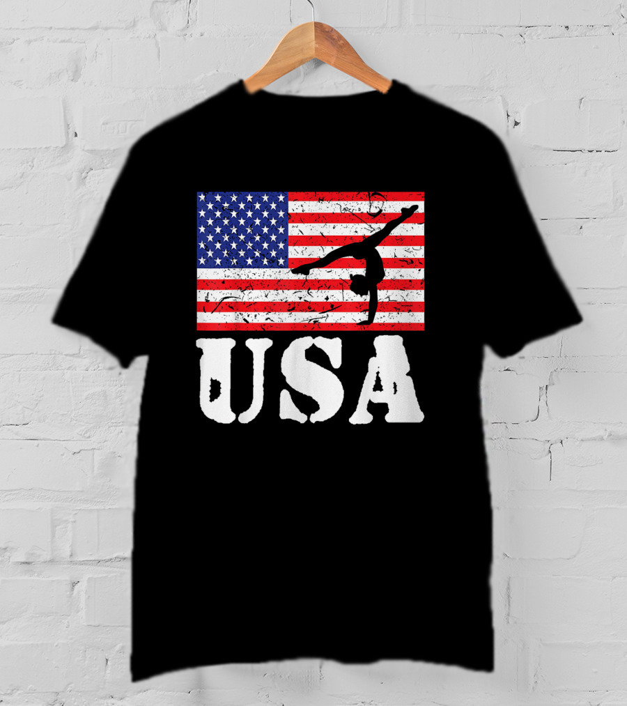 Distressed USA Flag Gymnastics Vintage Tumbling American Flag T-Shirt