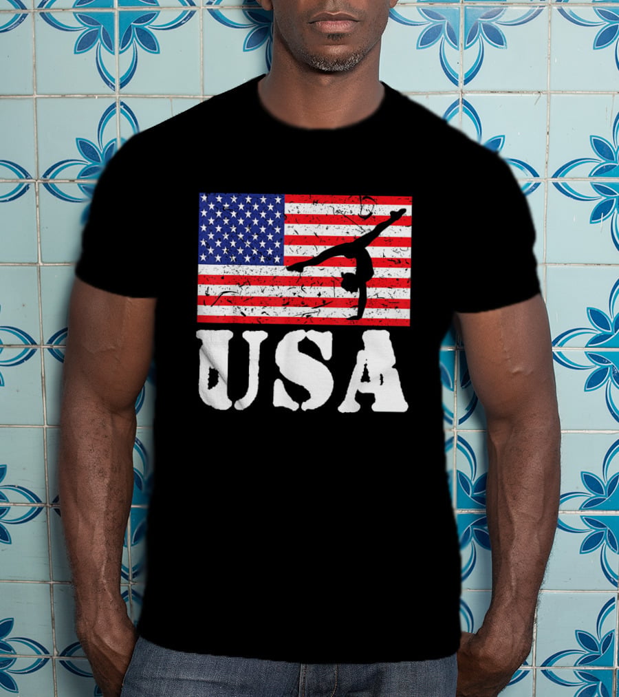 Distressed USA Flag Gymnastics Vintage Tumbling American Flag T-Shirt